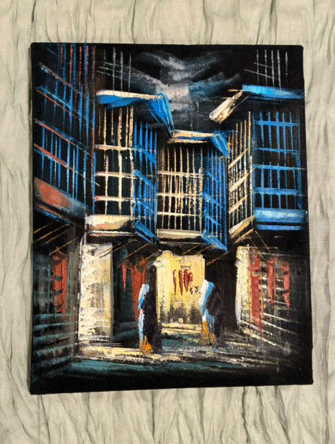 Blue Mashrabiya Alleyway at Night — Old City Heritage Canvas Art