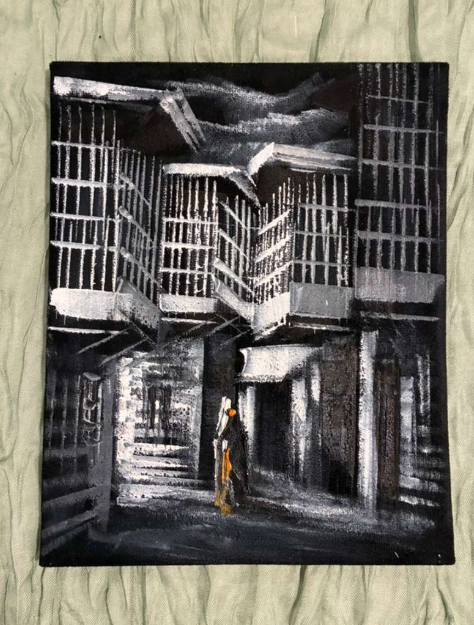 Noir Silver Mashrabiya Alleyway at Night — Old City Heritage Canvas Art
