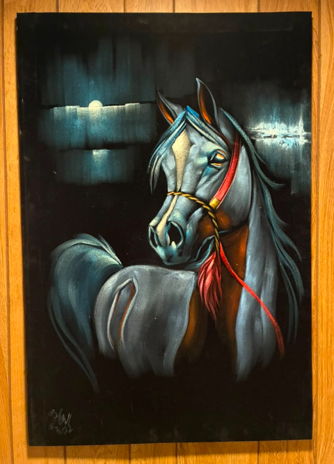 Moonlit Grey Arabian Horse Portrait Canvas Wall Art | Silver Stallion Dark Luxury Print 23.6" × 35.4"