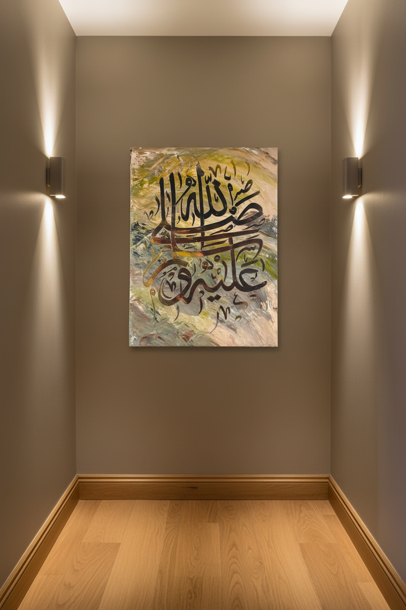 Salawat Durood Arabic calligraphy canvas art hanging in an elegant hallway with warm wood flooring, portrait 3:4 ratio, no frame gallery wrap, luxury home interior