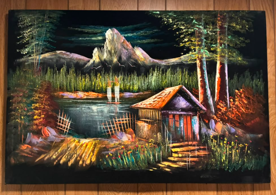 Alpine Cabin Mountain Lake Night Scene Canvas Wall Art | Rocky Peak Pine Forest Print 35.4" × 23.6"