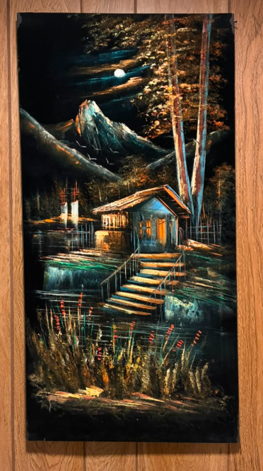 Moonlit Mountain Lakehouse – Original Oil Painting on Canvas