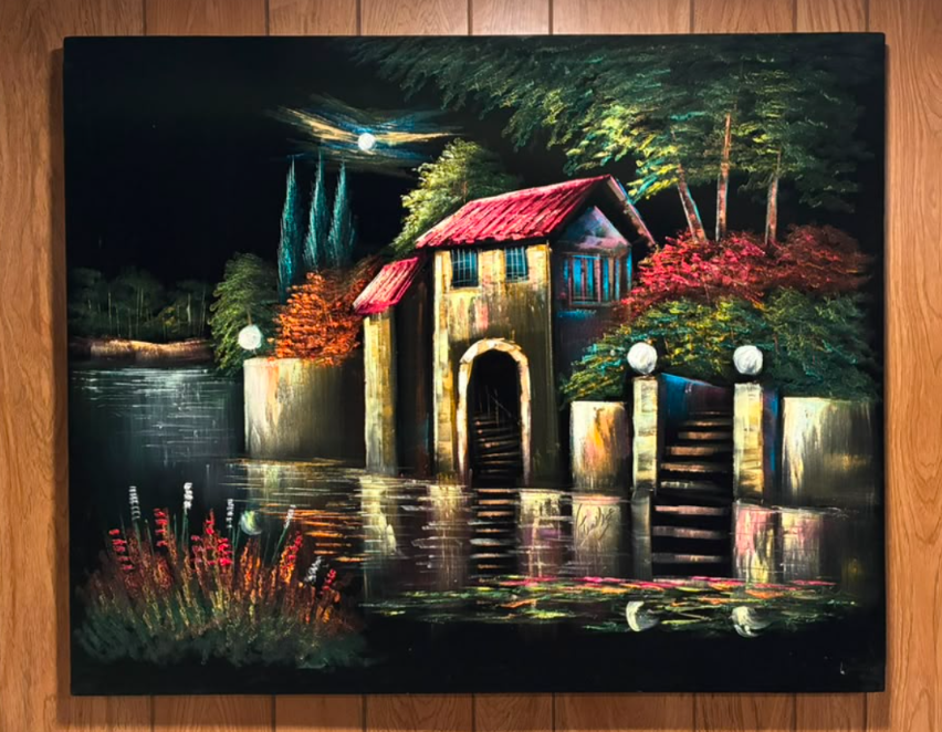 Moonlit Waterside Cottage — Original Oil Painting on Canvas | 39.4" × 31.5"