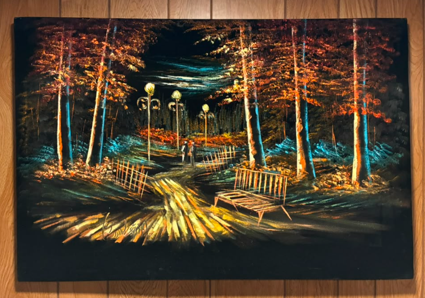 Nocturnal Park Night Scene Canvas Wall Art | Autumn Forest Lamp Path Print 35.4" × 23.6"