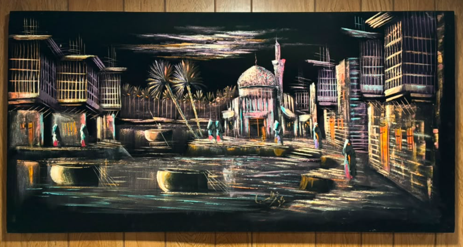 Middle Eastern bazaar night scene canvas wall art – original painting with mosque dome, palm trees, and traditional figures