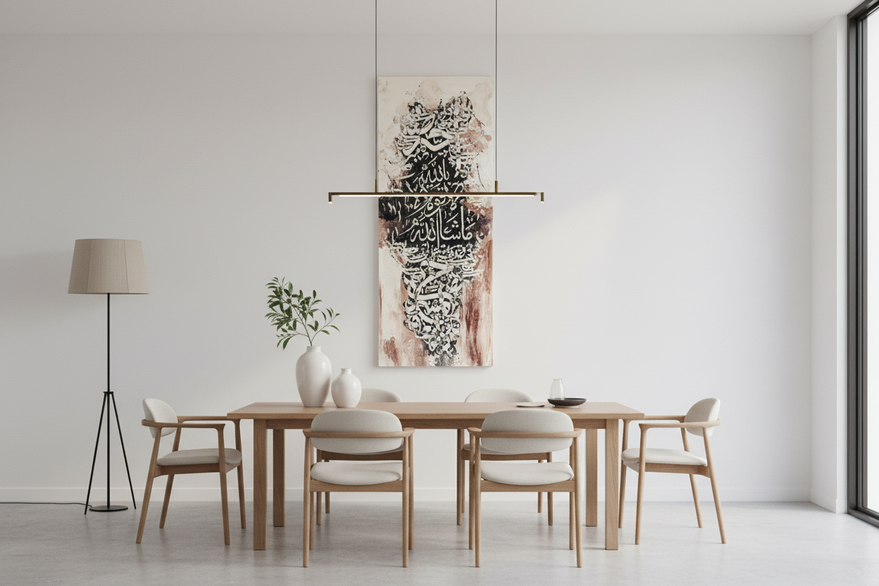 Mashallah Islamic calligraphy canvas wall art in a spacious open area showing scale, no frame