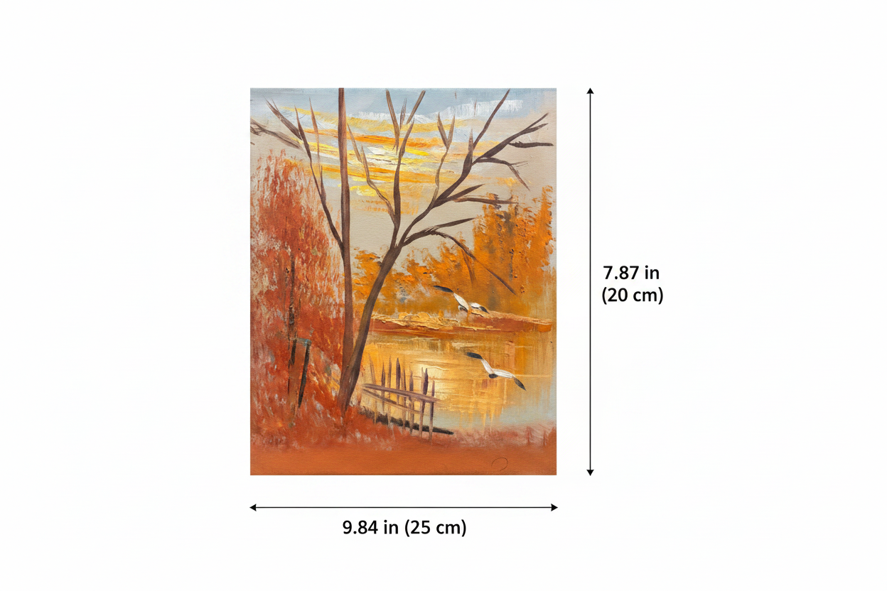 Dimension diagram showing 9.84 inch width and 7.87 inch height of the autumn cranes oil painting canvas
