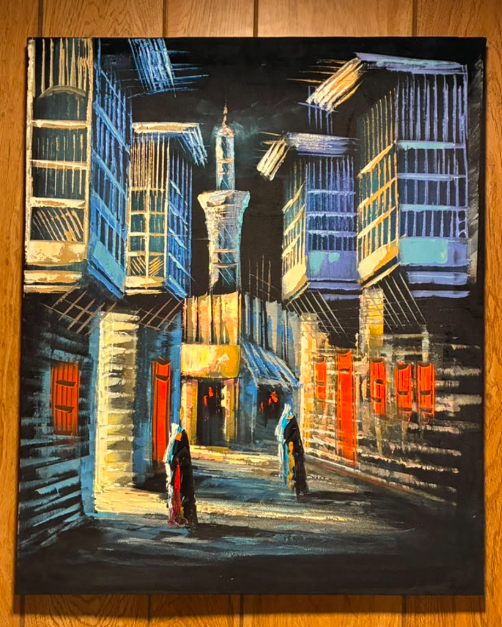 Middle Eastern Historic City Street Night Scene – Original Canvas Wall Art 20×24 in
