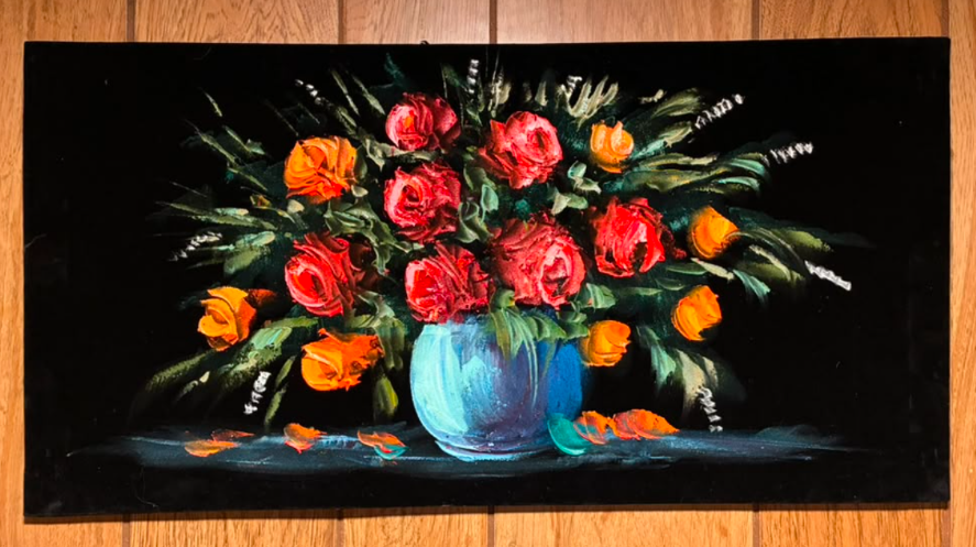 Red and Orange Roses in Teal Vase — Original Oil Painting on Canvas | 23.62" × 11.81"
