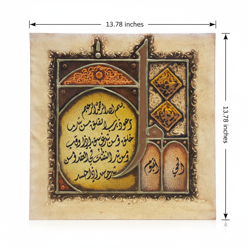 Dimension diagram – 13.78 x 13.78 inches (35cm x 35cm) Surah Al-Falaq canvas