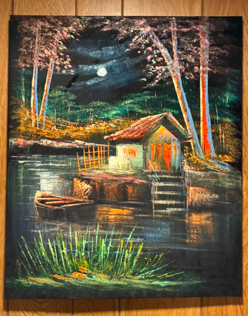 Moonlit Lakeside Boathouse Night Scene – Original Canvas Wall Art 20×24 in