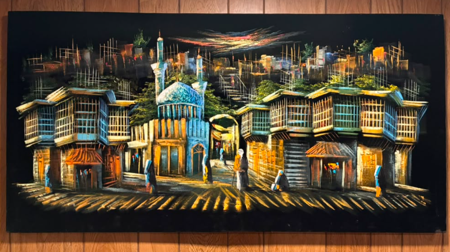 Iraqi old bazaar street scene canvas wall art – original painting with golden latticed mashrabiya buildings, teal mosque facade, minaret, rooftop gardens, and traditional figures