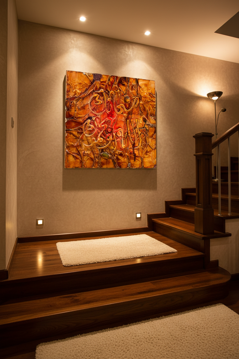 Islamic calligraphy amber gold wall art displayed on staircase wall