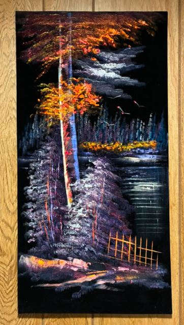 Autumn Birch by Night — Original Oil Painting on Canvas | 11.81" × 23.62"
