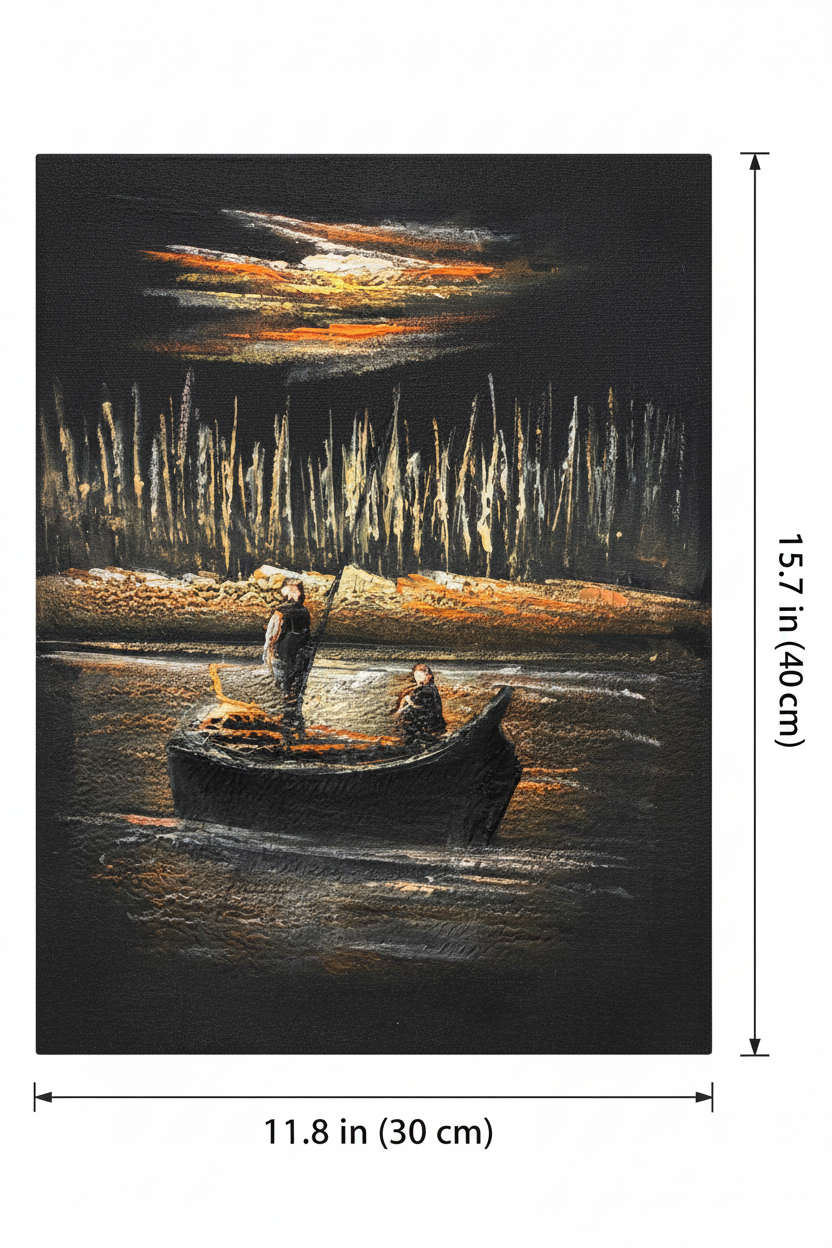 Night fishing boat river canvas art with dimensions 11.8 inches wide x 15.7 inches tall 30cm x 40cm