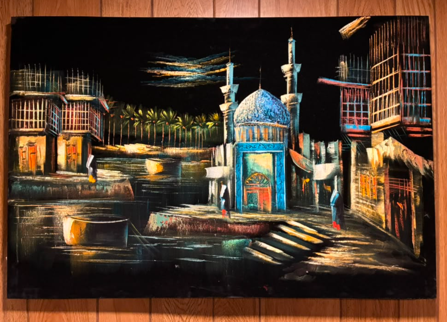 Iraqi Old City Mosque Night Scene Canvas Wall Art | Teal Dome Mashrabiya Heritage Print 35.4" × 23.6"