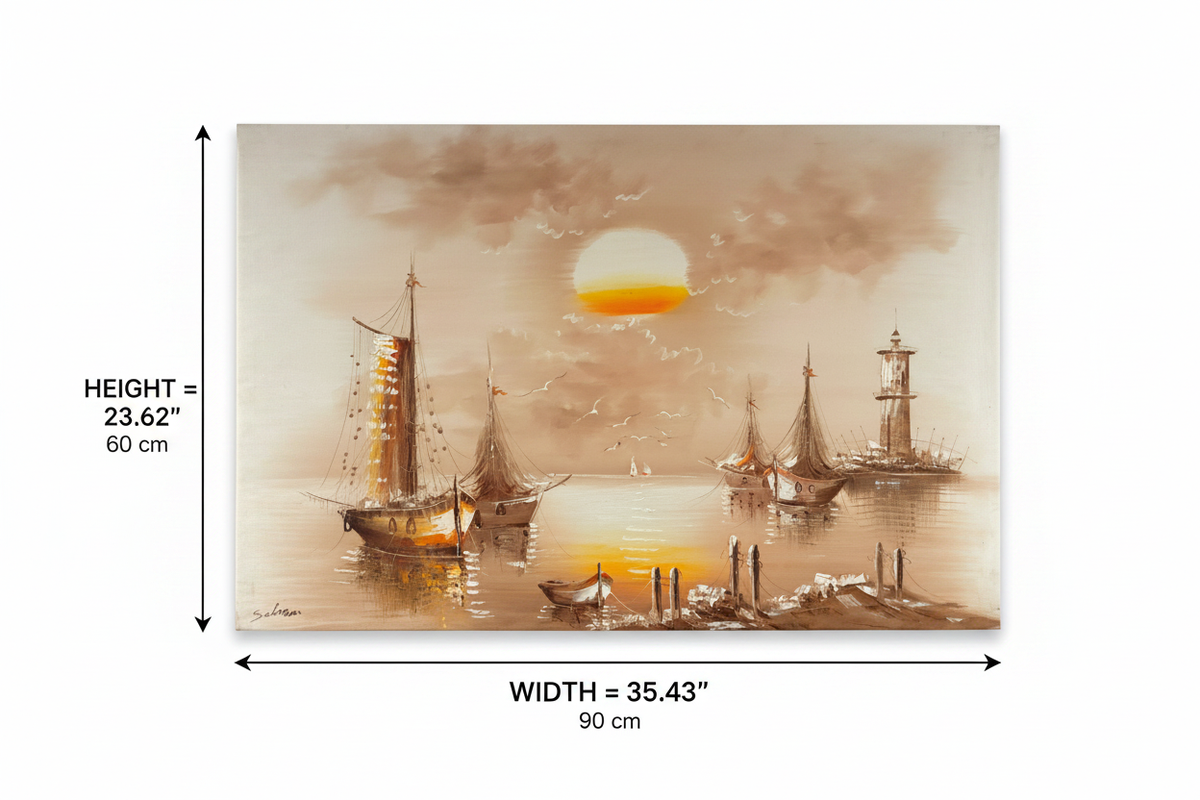 Dimension diagram of harbor sunset oil painting showing width 35.43 inches 90 cm and height 23.62 inches 60 cm on white background