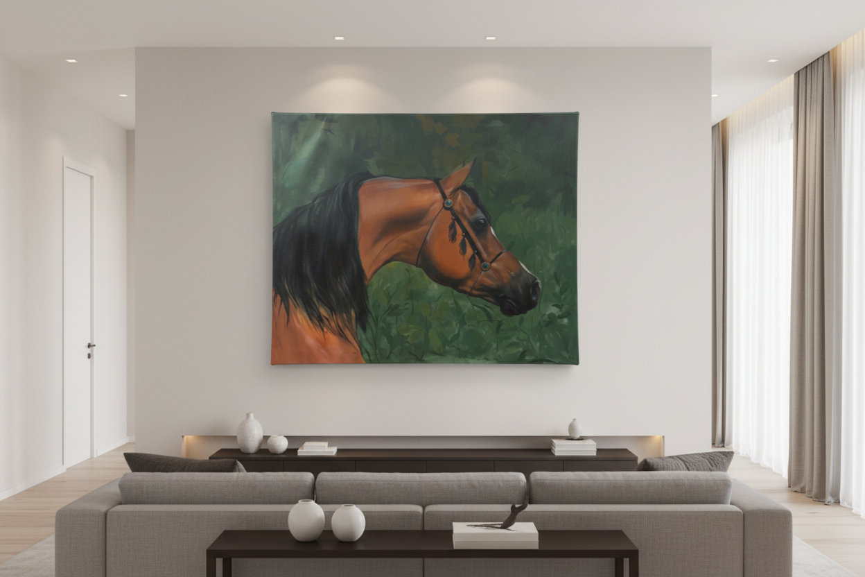 Bay Arabian horse portrait green foliage large canvas art displayed in elegant living room lifestyle photo