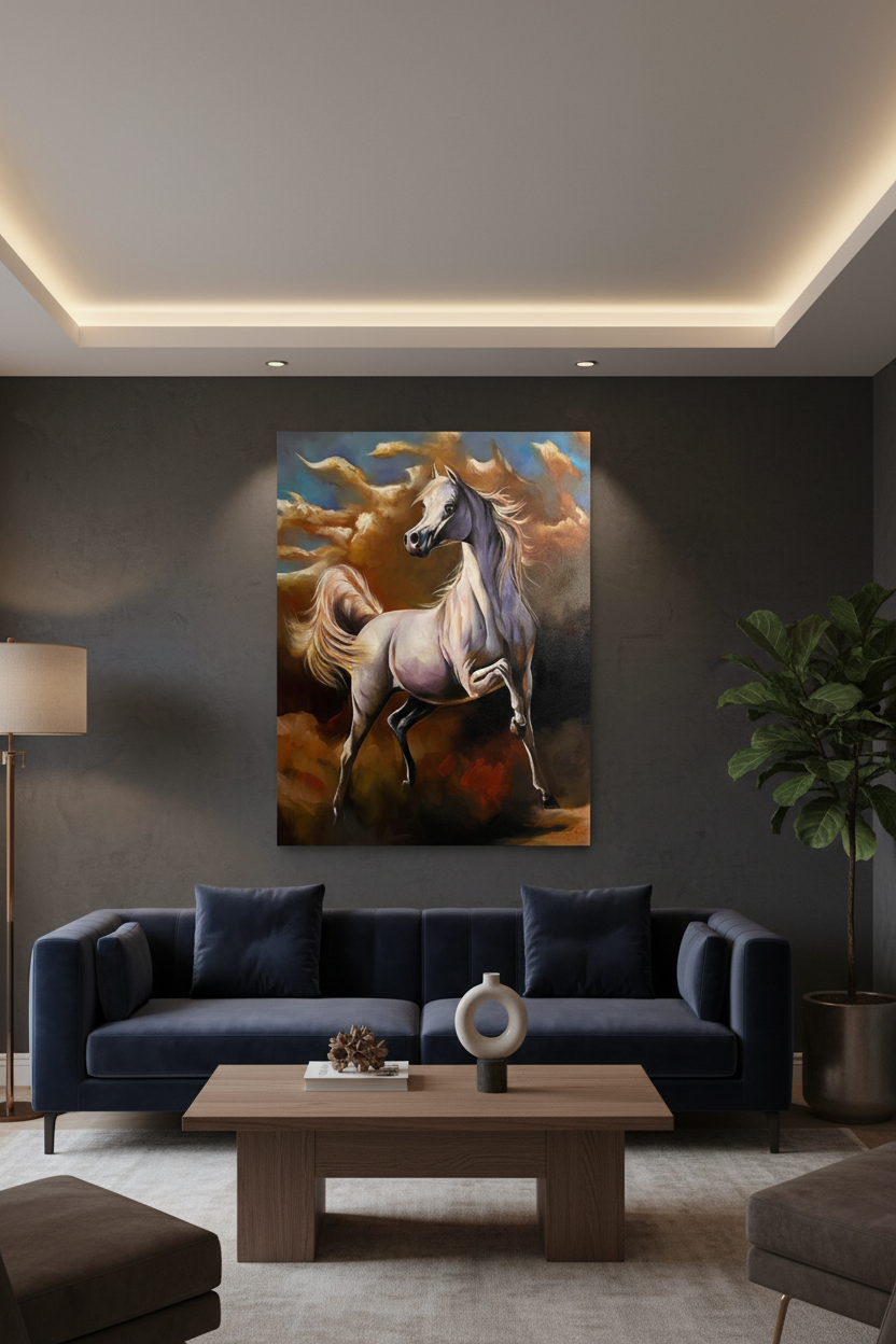 Majestic white Arabian horse rearing large canvas art displayed in elegant living room lifestyle photo
