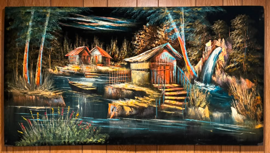 Forest waterfall cabin night scene canvas wall art – original painting with red-roofed cottages, dark river, cascading waterfall, colorful ribbon streamers on birch trees, and wildflowers