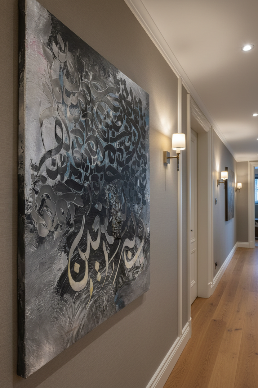 Wa Bihi Nastaeen Arabic calligraphy canvas art hanging in an elegant hallway with warm wood flooring, portrait 3:4 ratio, no frame gallery wrap, luxury home interior