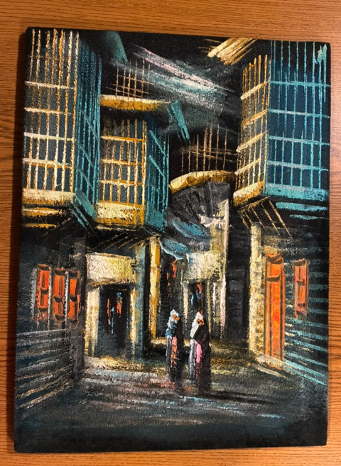 Teal & Gold Alleyway at Night — Original Oil Painting on Canvas