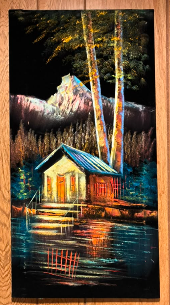 Mountain Boathouse by Night — Original Oil Painting on Canvas | 11.81" × 23.62"