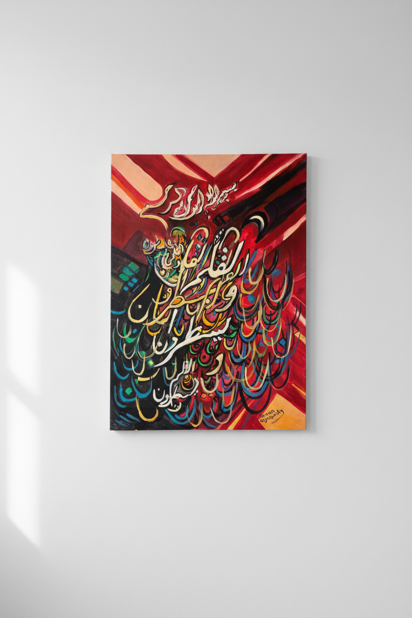 Crimson rays Islamic calligraphy canvas mounted on empty white wall – frameless gallery wrap