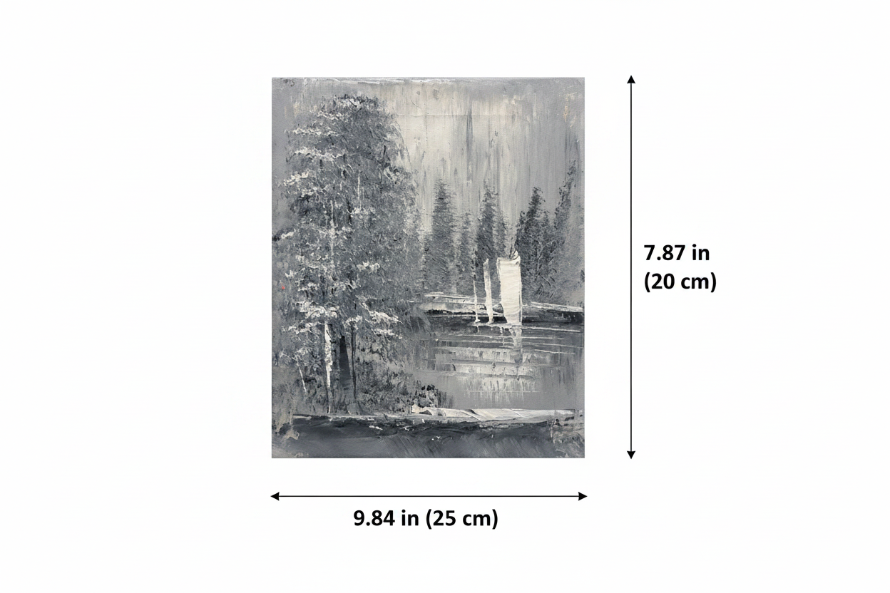 Dimension diagram showing 9.84 inch width and 7.87 inch height of the winter forest lake oil painting canvas
