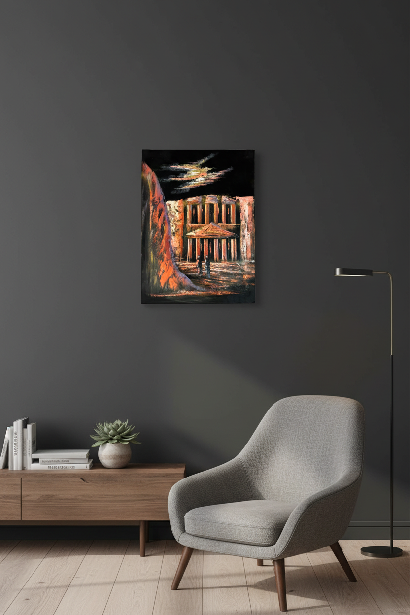 Petra Treasury crimson copper night canvas art hung on dark charcoal accent wall in sophisticated modern living room lifestyle photo