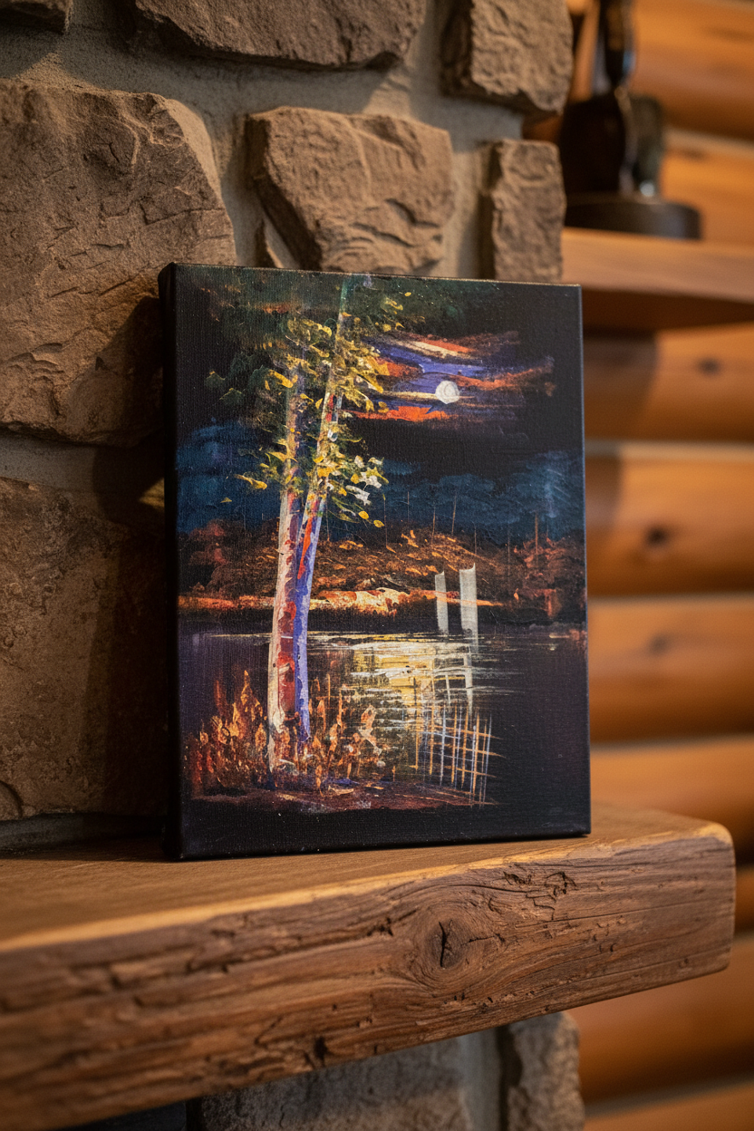 Moonlit forest lake night canvas art displayed in rustic cabin interior with warm firelight lifestyle photo