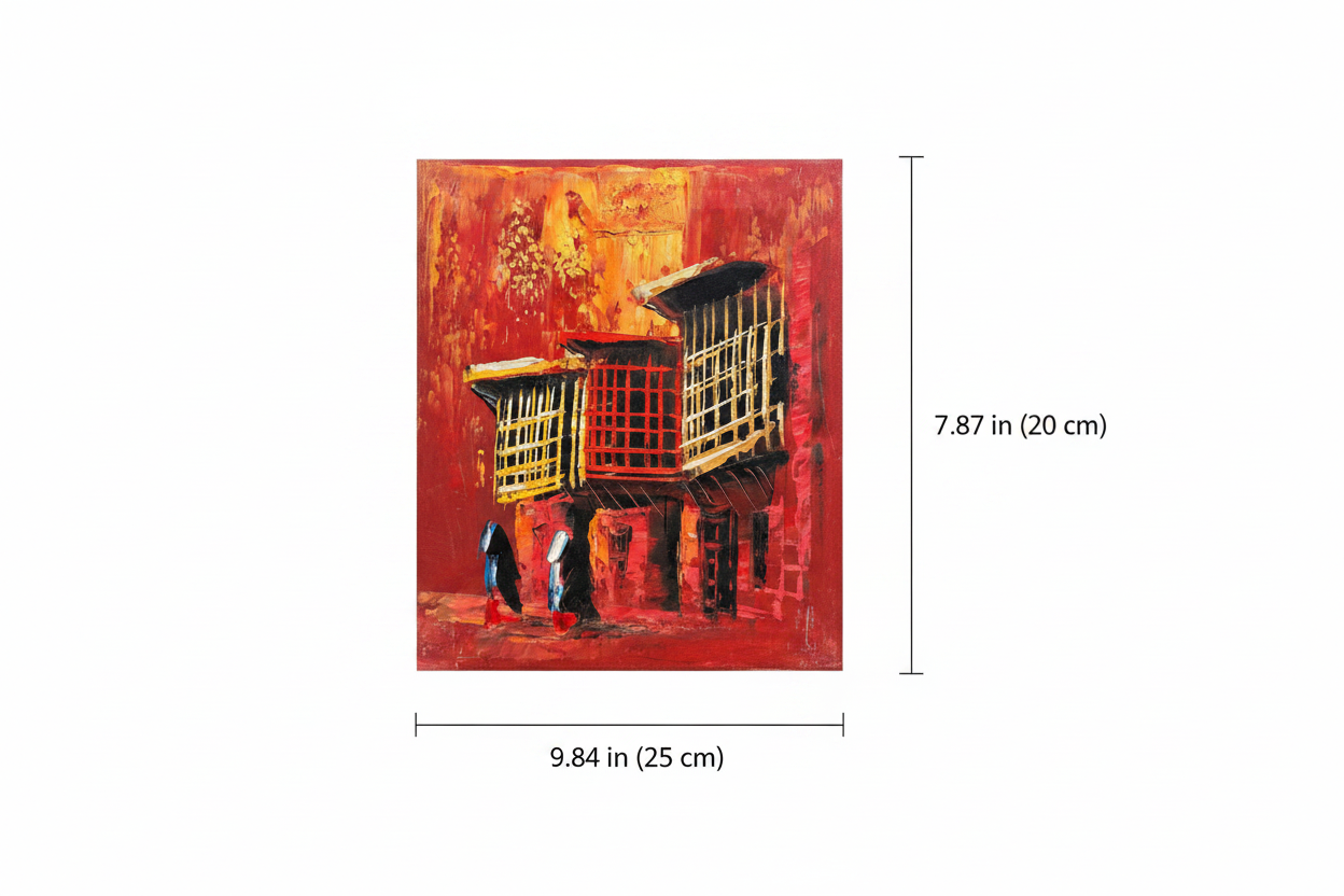 Dimension diagram showing 9.84 inch width and 7.87 inch height of the red shanasheel oil painting canvas