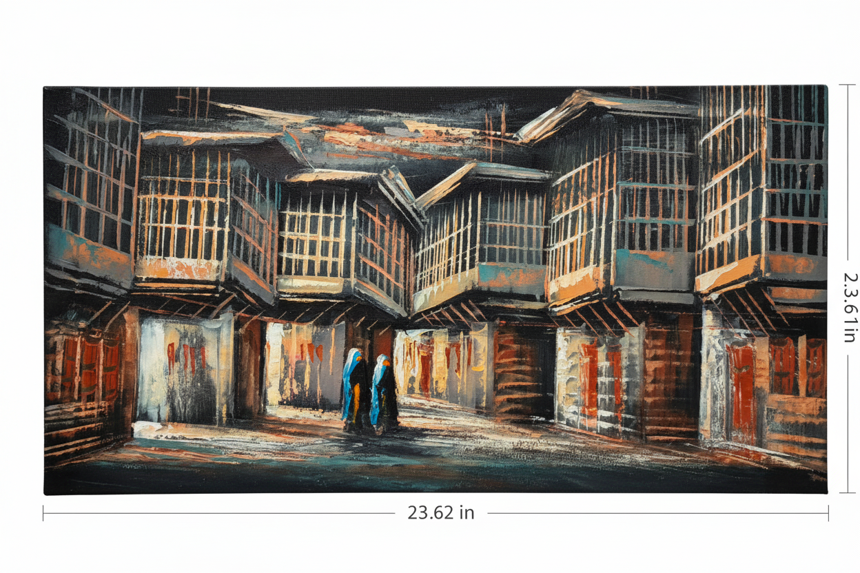 Old Bazaar Alley at Night — Original Oil Painting on Canvas | 23.62" × 11.81"