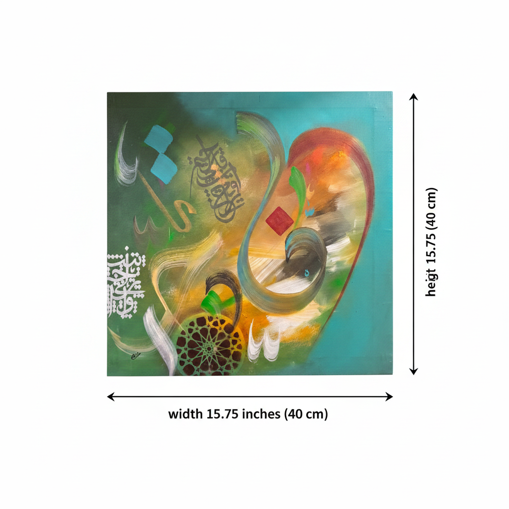 Dimension diagram: square canvas 15.75 x 15.75 inches (40 x 40 cm), white background with original art