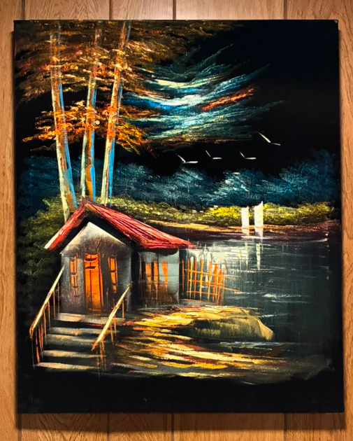 Lakeside Cabin Night Scene – Original Canvas Wall Art 20×24 in