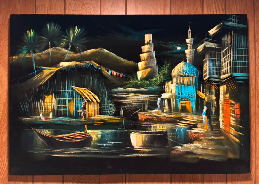 Ancient Iraqi Riverside City Night Canvas Wall Art | Samarra Minaret Mesopotamia Print 35.4" × 23.6"