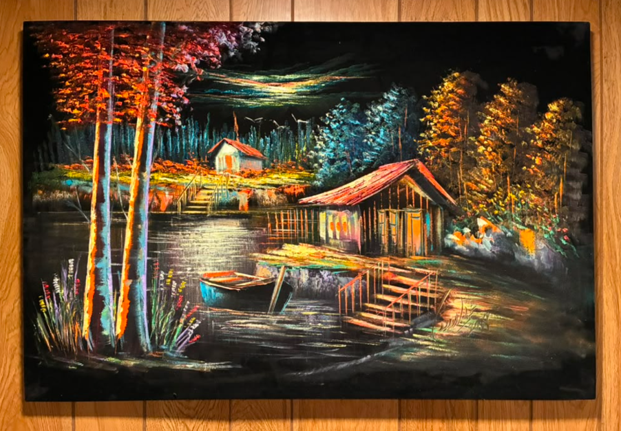 Autumn Lakeside Cabin Night Scene Canvas Wall Art | Forest Lake Dock Print 35.4" × 23.6"
