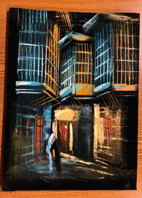 Rainy Night Alleyway — Original Oil Painting on Canvas