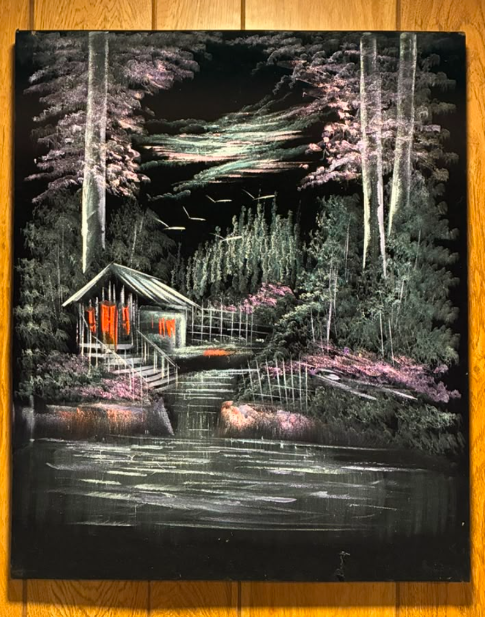 Dark Forest Cabin Night Scene – Original Canvas Wall Art 20×24 in