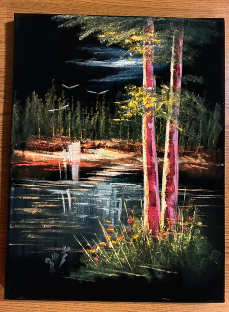 Birch Trees by the Lake at Night — Original Oil Painting on Canvas