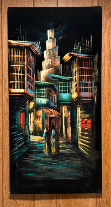 Spiral Minaret Alley at Dusk – Original Oil Painting on Canvas