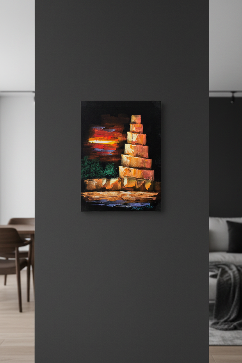 Malwiya minaret sunset canvas art hung on dark charcoal accent wall in sophisticated modern living room lifestyle photo