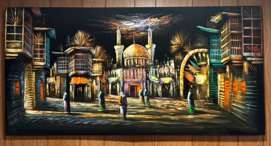 Golden mosque bazaar night scene canvas wall art – original painting with grand gilded dome, twin minarets, palm trees, and traditional figures