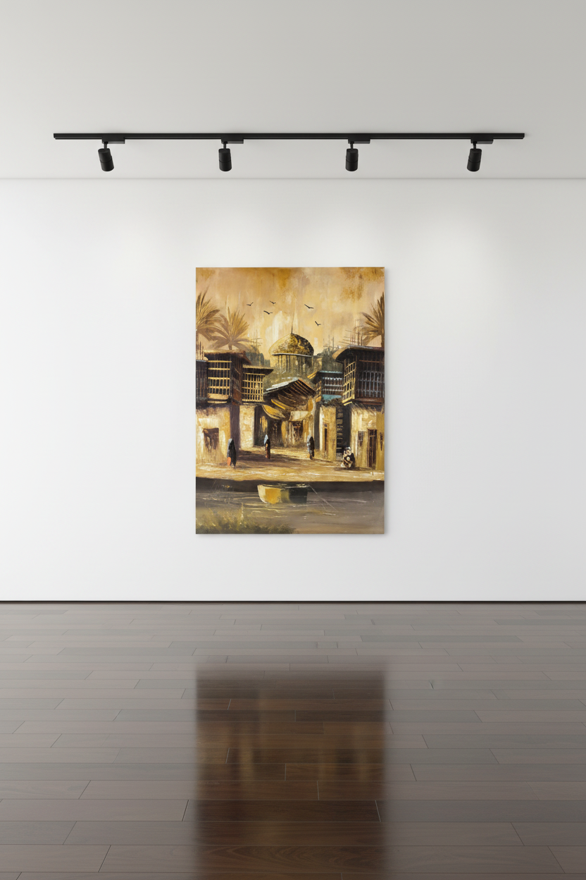 Original oil painting displayed on a professional gallery exhibition wall with track lighting, no frame