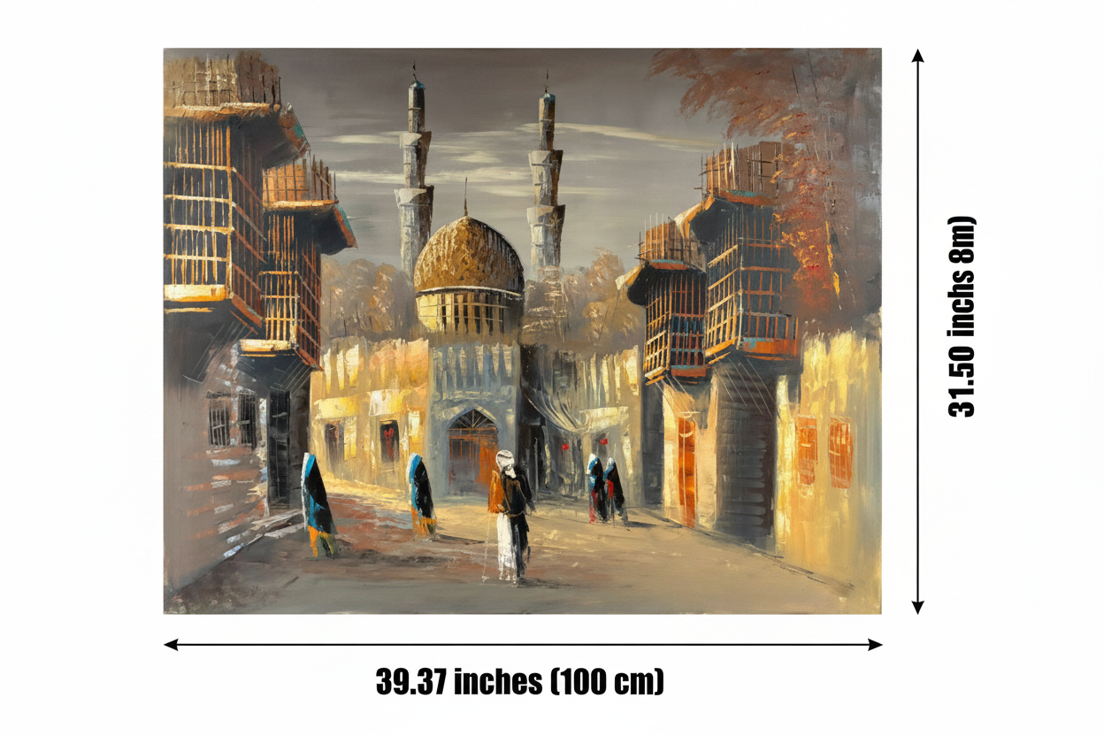 Dimension diagram showing 39.37 inches width and 31.50 inches height for the Golden Dome Street original oil painting