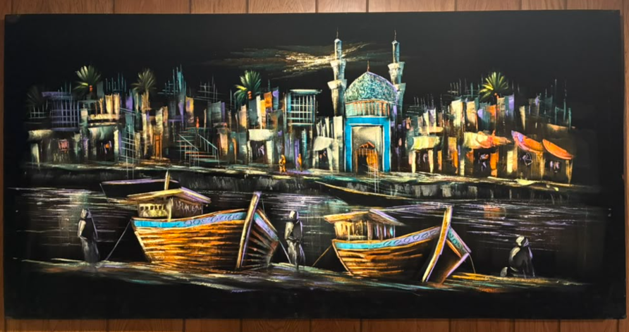 Middle Eastern harbor night scene canvas wall art – original painting with golden dhow boats, teal mosque dome, minaret, fishermen, and moonlit waterfront cityscape
