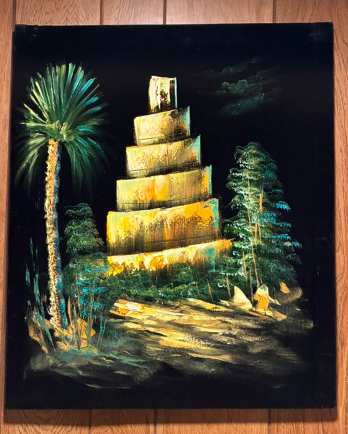Ancient Ziggurat Tower Night Scene – Original Canvas Wall Art 20×24 in