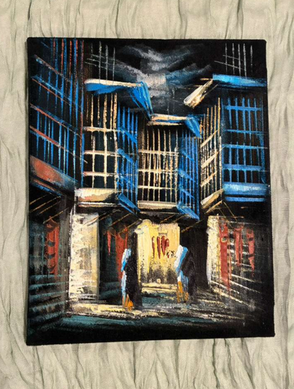 Blue Mashrabiya Alleyway at Night — Old City Heritage Canvas Art