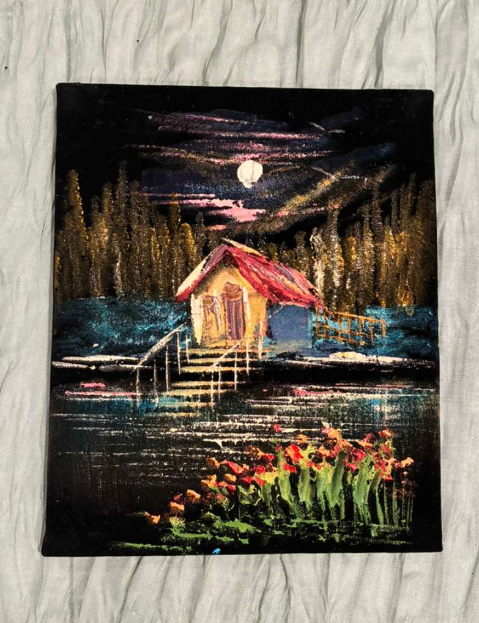 Moonlit Lakeside Cottage — Night Nature Canvas Art