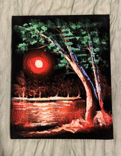 Crimson Moon Lakeside Night — Moody Nature Canvas Art